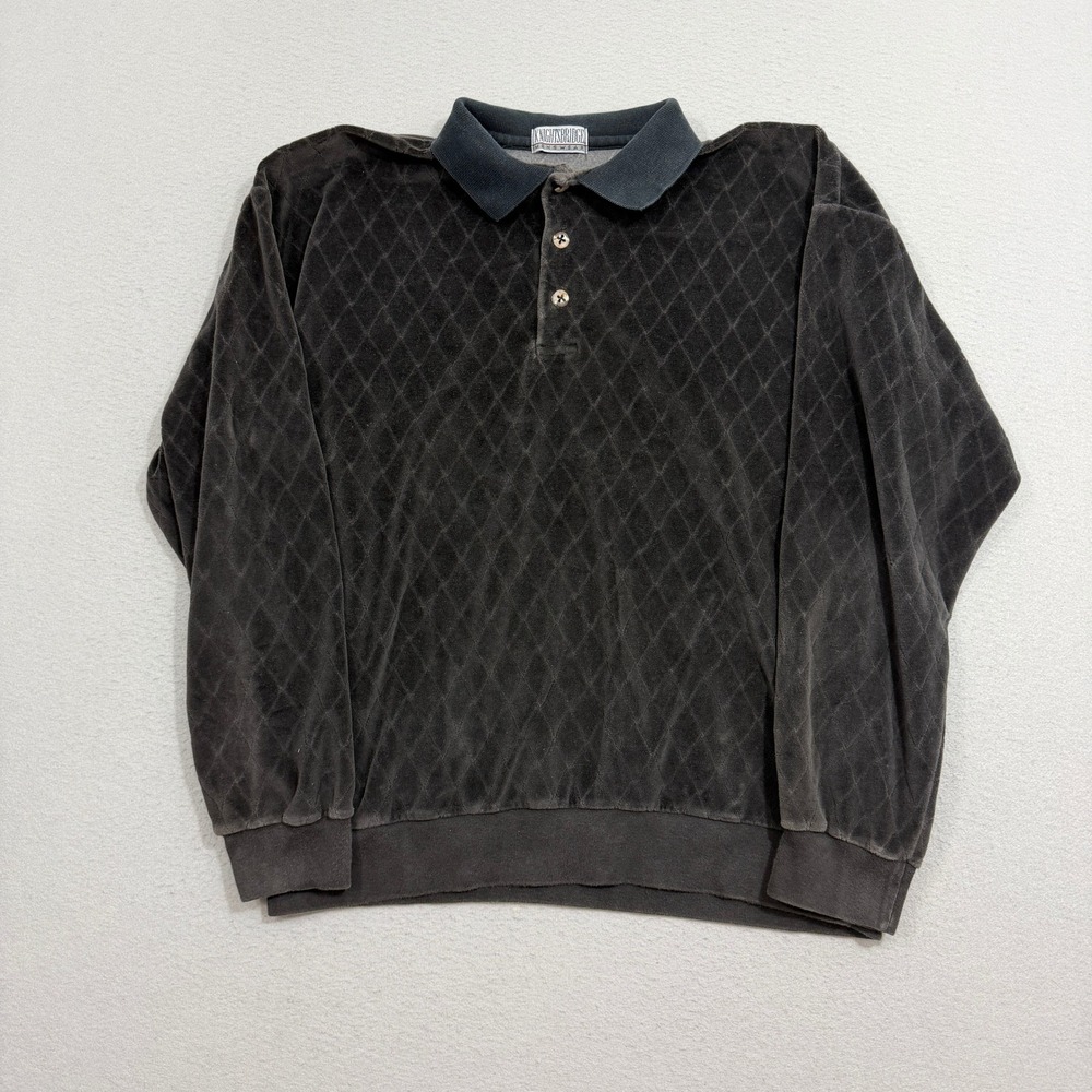 Vintage Knightsbridge Polo Shirt Mens XL Black Velour Diamond Pattern 90s Preppy